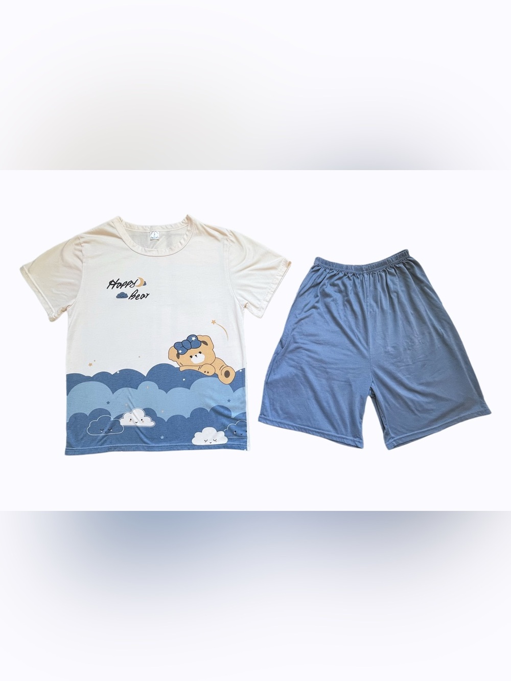 Men’s Cute Bear Print PJ Set Short Sleeve Shorts Sleepwear w/ Pocket 100% Cotton